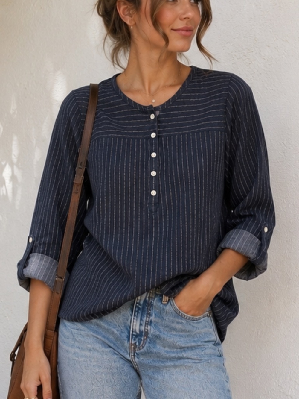 Blue Stripe Cotton Henley Top XL Ralph Lauren